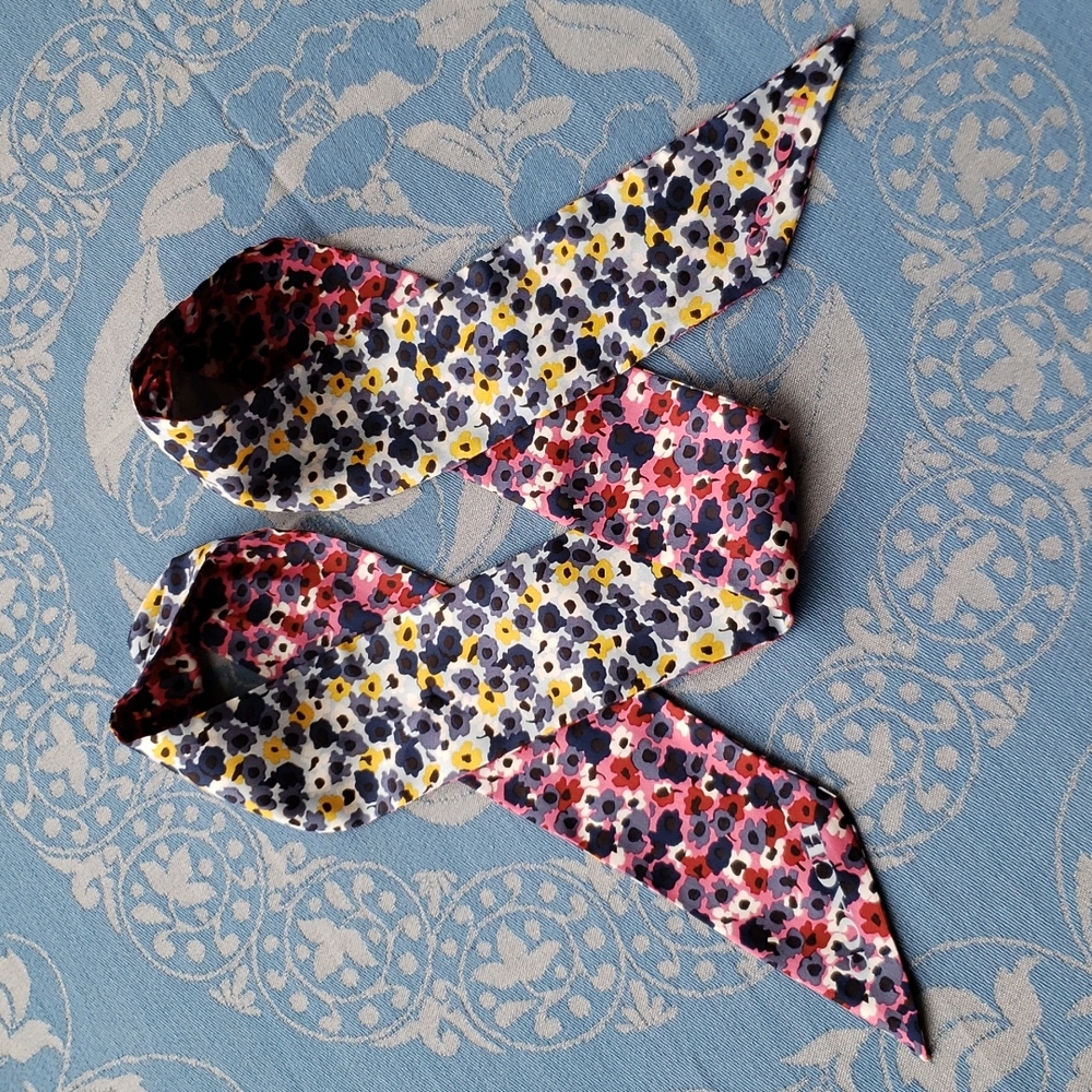 Coach Long Skinny Reversible Two Sided Floral Print Silk Scarf, Blue Pink Yellow